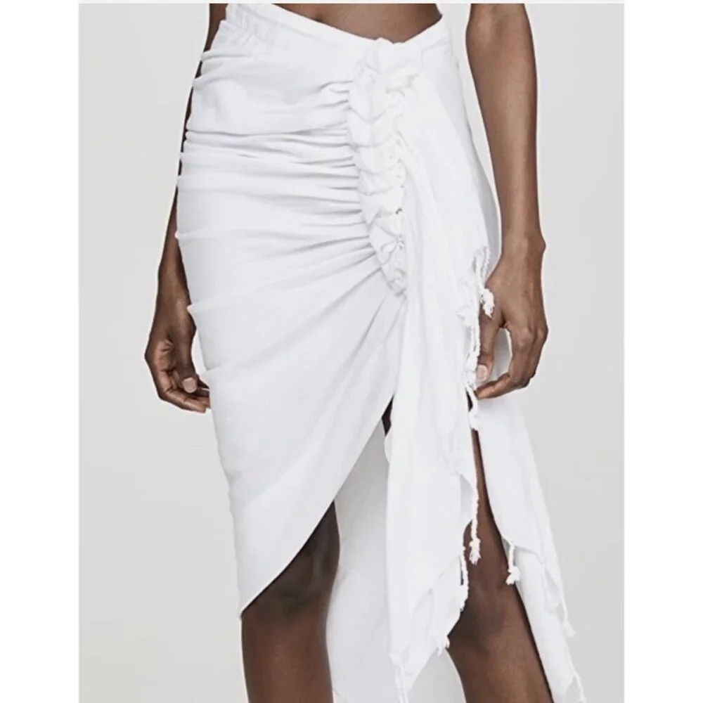 Just Bee Queen Tulum White Madi Ruched Wrap Skirt With Fringe Sz M Boho Resort - Picture 2 of 15